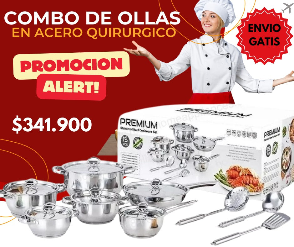 Combo de Ollas en Acero Quirurgico  15 Piezas